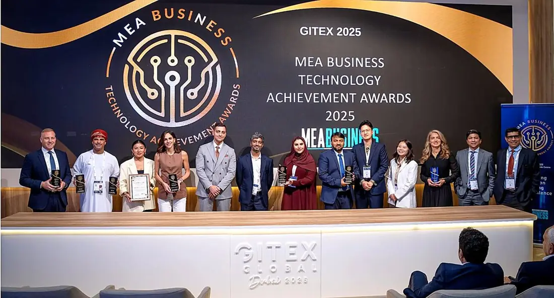 Group of 2025 winners on the MEA Business awards stage at GITEX Global